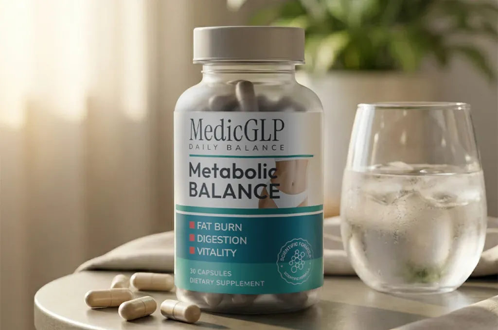 MedicGLP Daily Balance capsules with a glass of water